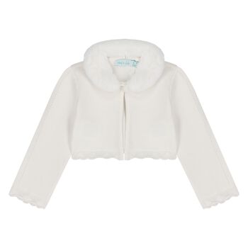 Younger Girls Ivory Faux Fur Collar Cardigan