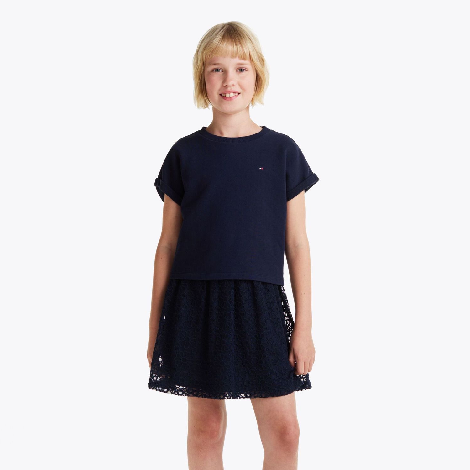 Girls Navy Blue Logo Flower Dress, 1, hi-res