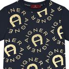 Boys Navy Blue & Gold Logo T-Shirt, 2, hi-res