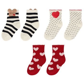Younger Girls Red & Ivory Heart Socks ( 3 Pack )