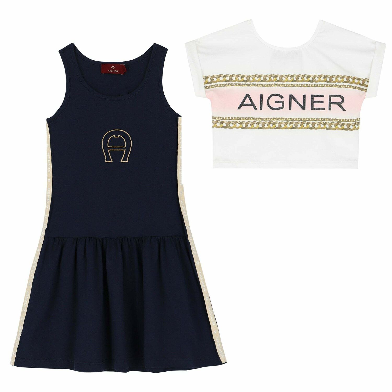 Girls Navy Blue and White Logo Dress Set, 1, hi-res image number null