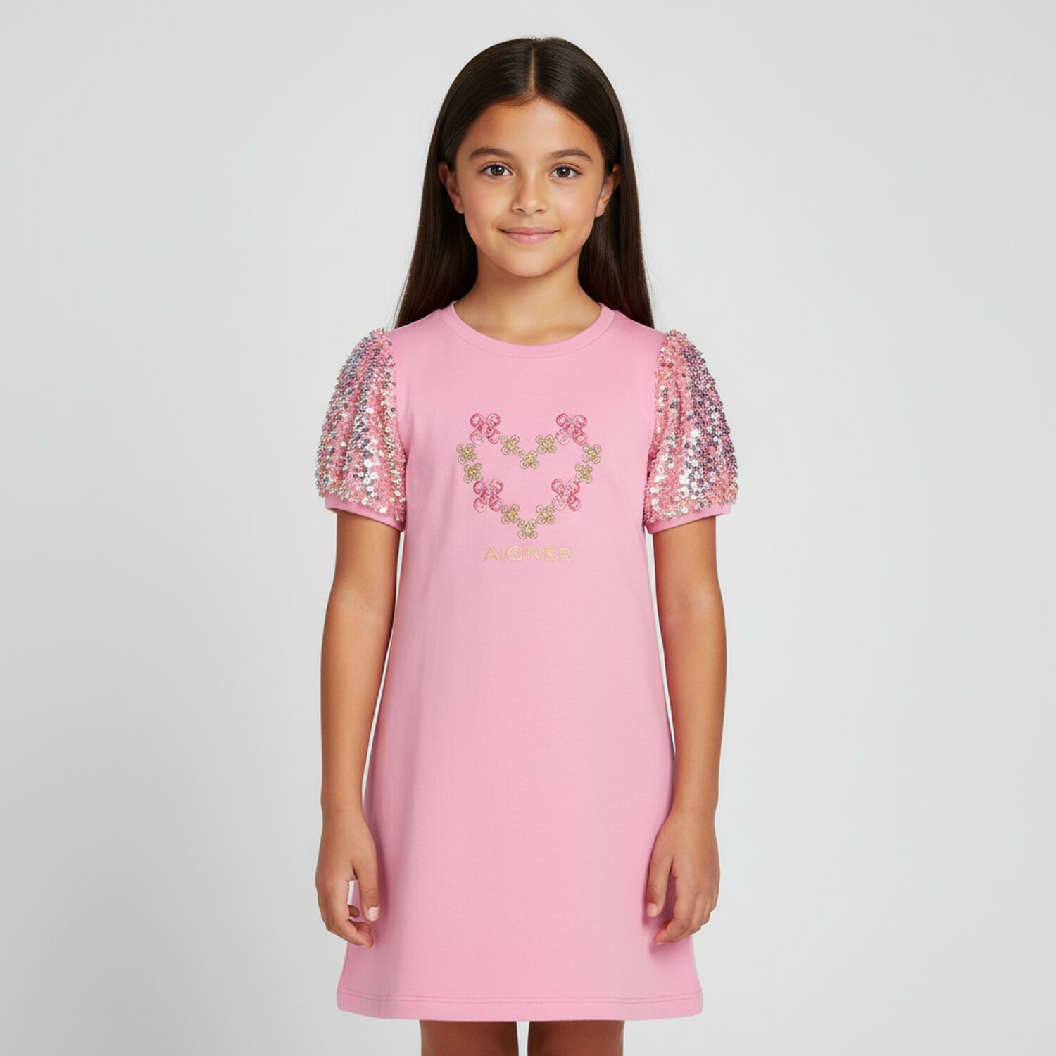 Girls Pink Heart Logo Sequins Dress, 1, hi-res image number null