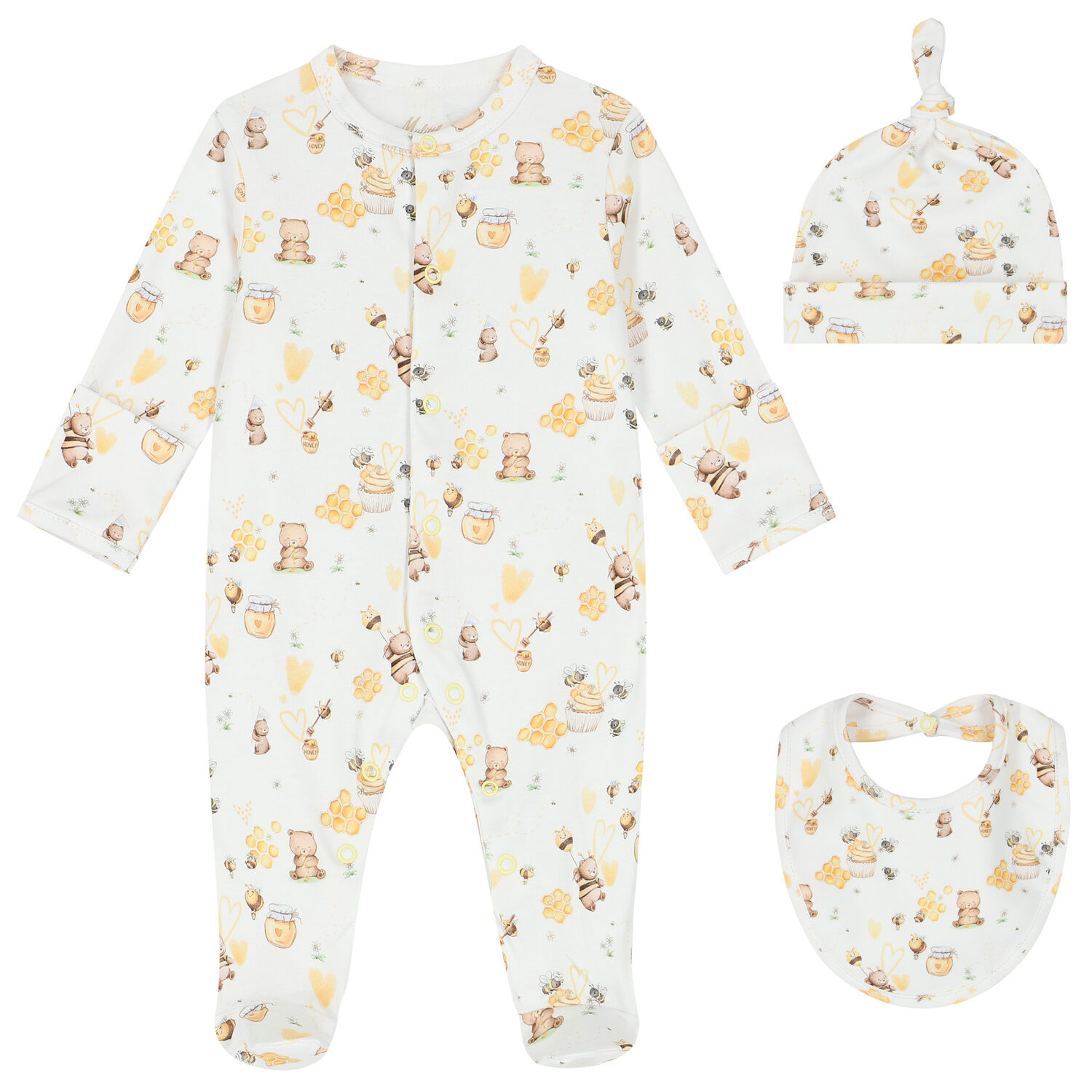 White & Yellow Honey Babygrow Set, 1, hi-res