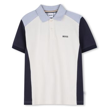 Boys Ivory, Blue & Navy Blue Logo Polo Shirt
