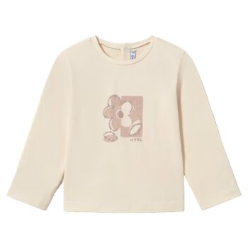 Younger Girls Beige Flower Long Sleeve Top