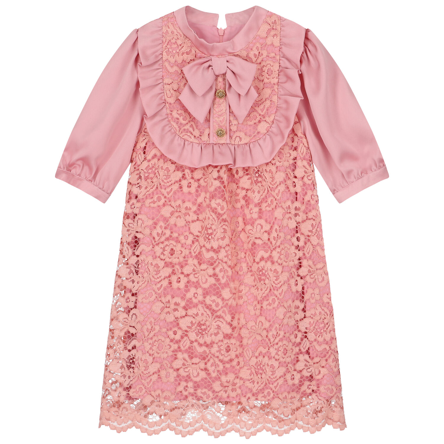 Girls Pink Satin & Lace Dress, 1, hi-res