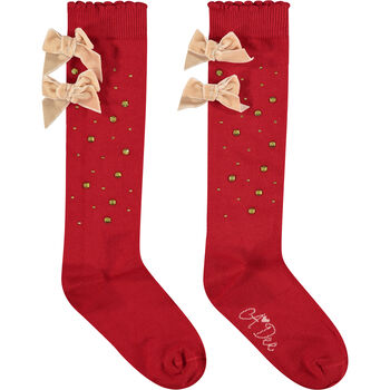 Girls Red Embellished Bow Socks