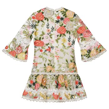 Girls White & Green Embroidered Floral Dress