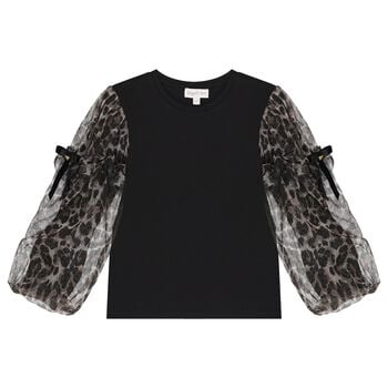 Girls Black Leopard Tulle Long Sleeve Top