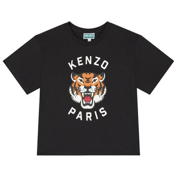 KENZO KIDS Boys Black Logo Tiger T-Shirt, 4 Boys Black Logo Tiger T-Shirt