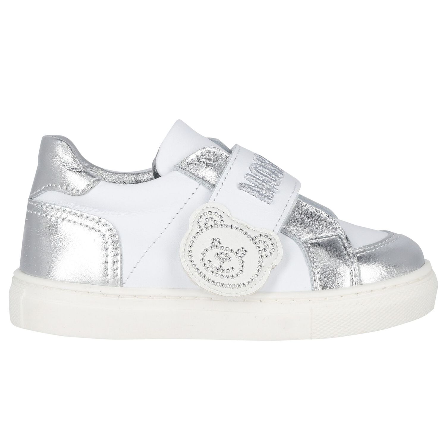 White & Silver Teddy Bear Logo Trainers, 1, hi-res image number null
