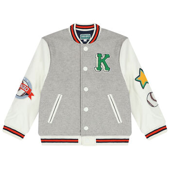 Boys Grey & Ivory Logo Varsity Jacket