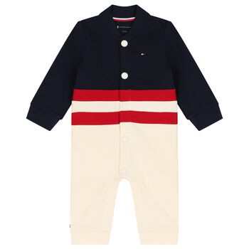 Baby Boys Navy Blue & Beige Logo Romper