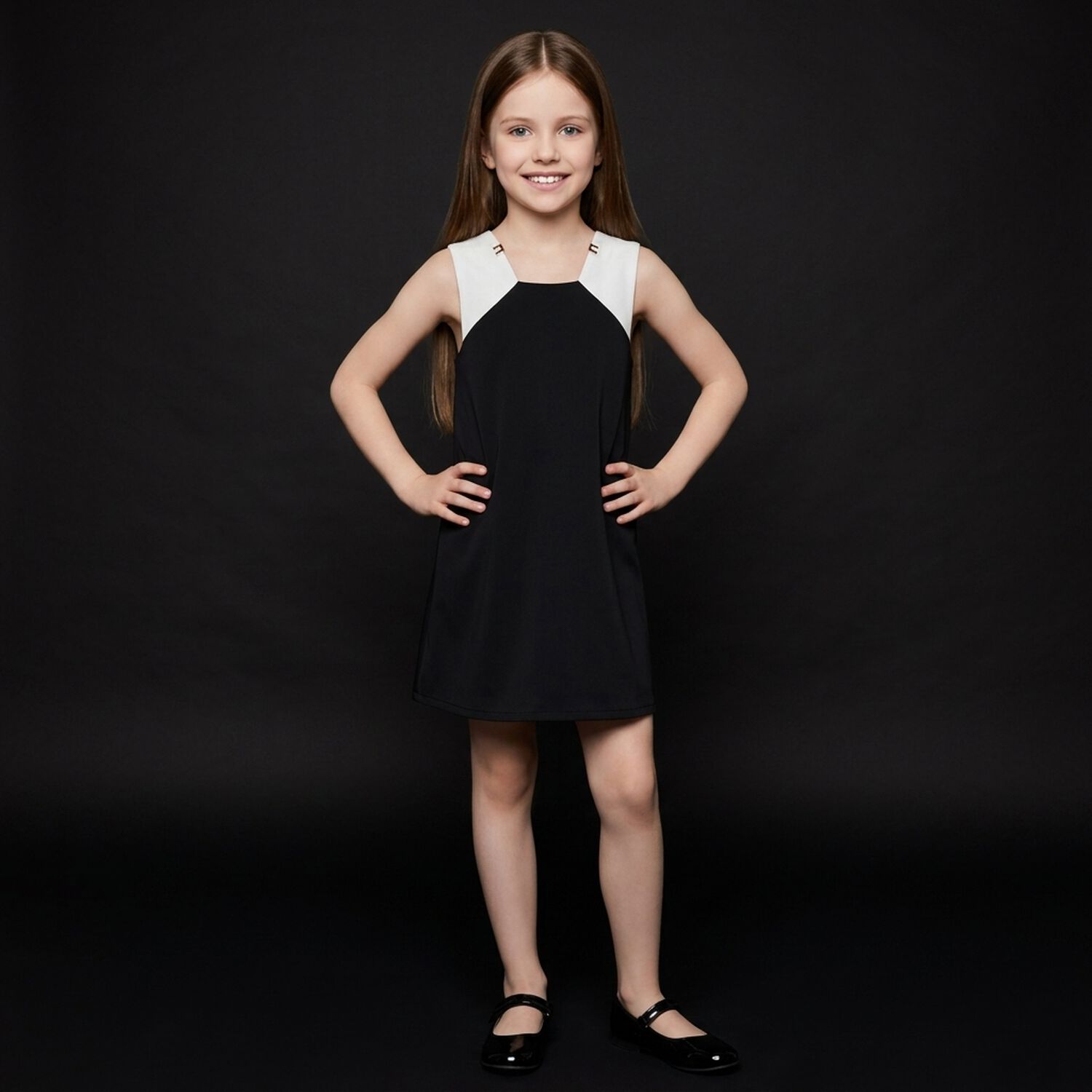 Girls Black & White Bow Dress, 1, hi-res