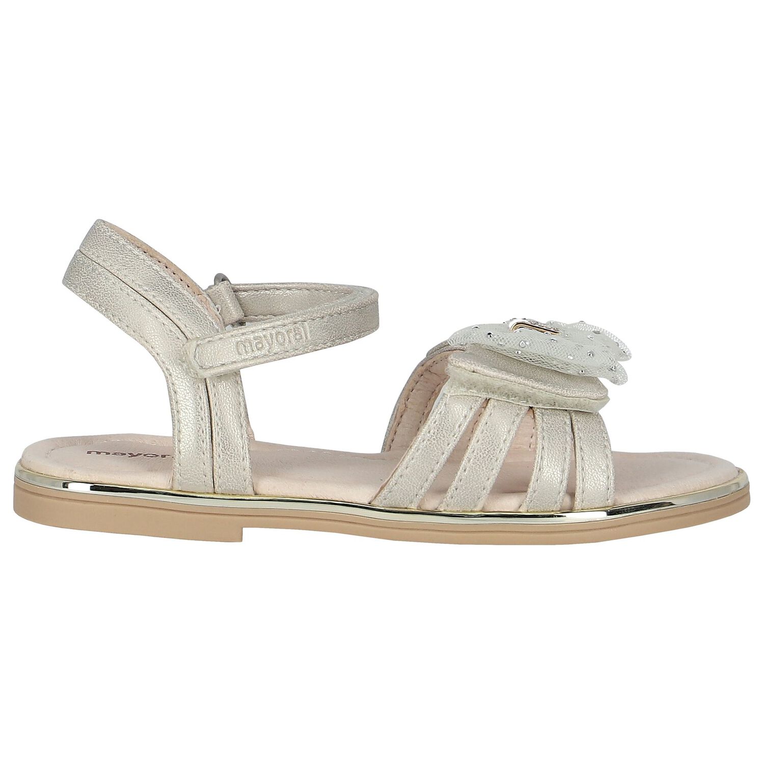 Girls Gold Embellished Bow Sandals, 1, hi-res