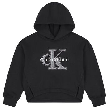 Girls Black Logo Hooded Top