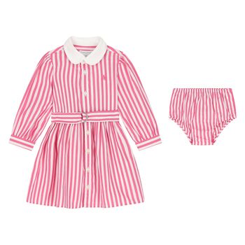 Baby Girls White & Pink Striped Dress Set