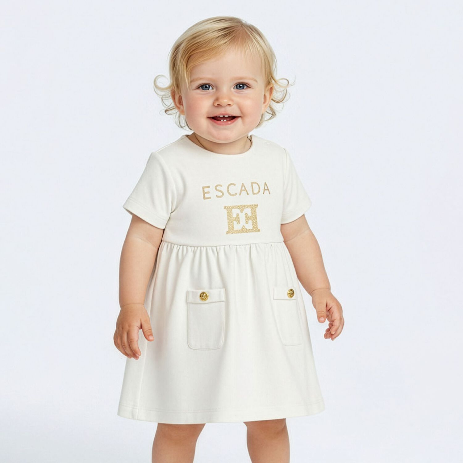 Younger Girls Ivory & Gold Logo Dress, 1, hi-res