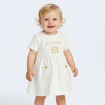 Younger Girls Ivory & Gold Logo Dress