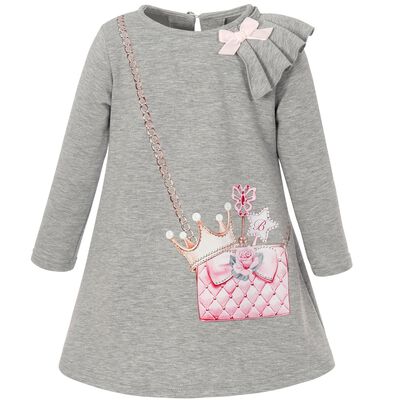 Girls Grey Crown Bag Print Dress