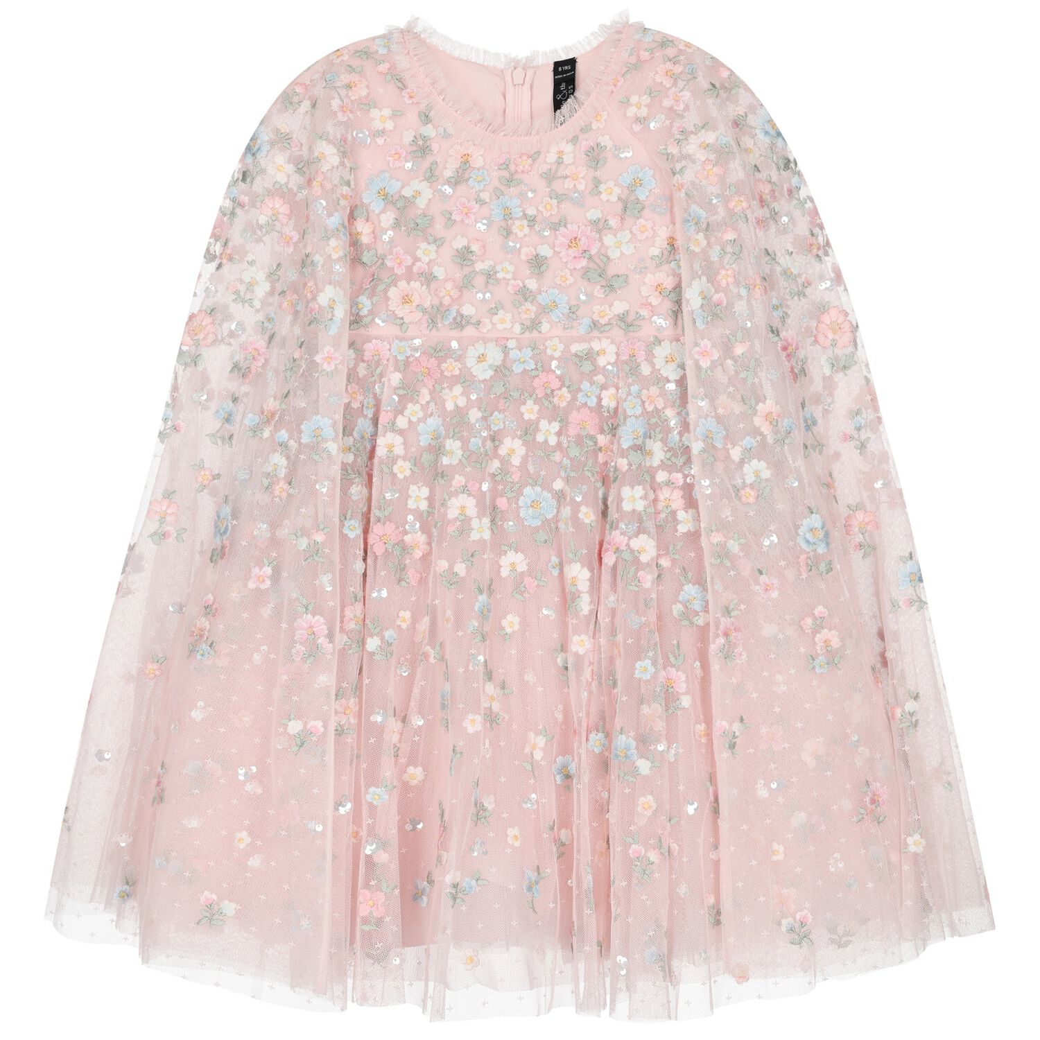 Girls Pink Floral & Tulle Cape Dress, 2, hi-res