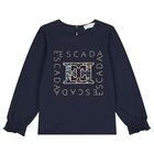 Girls Navy Blue Logo Long Sleeve Top, 2, hi-res