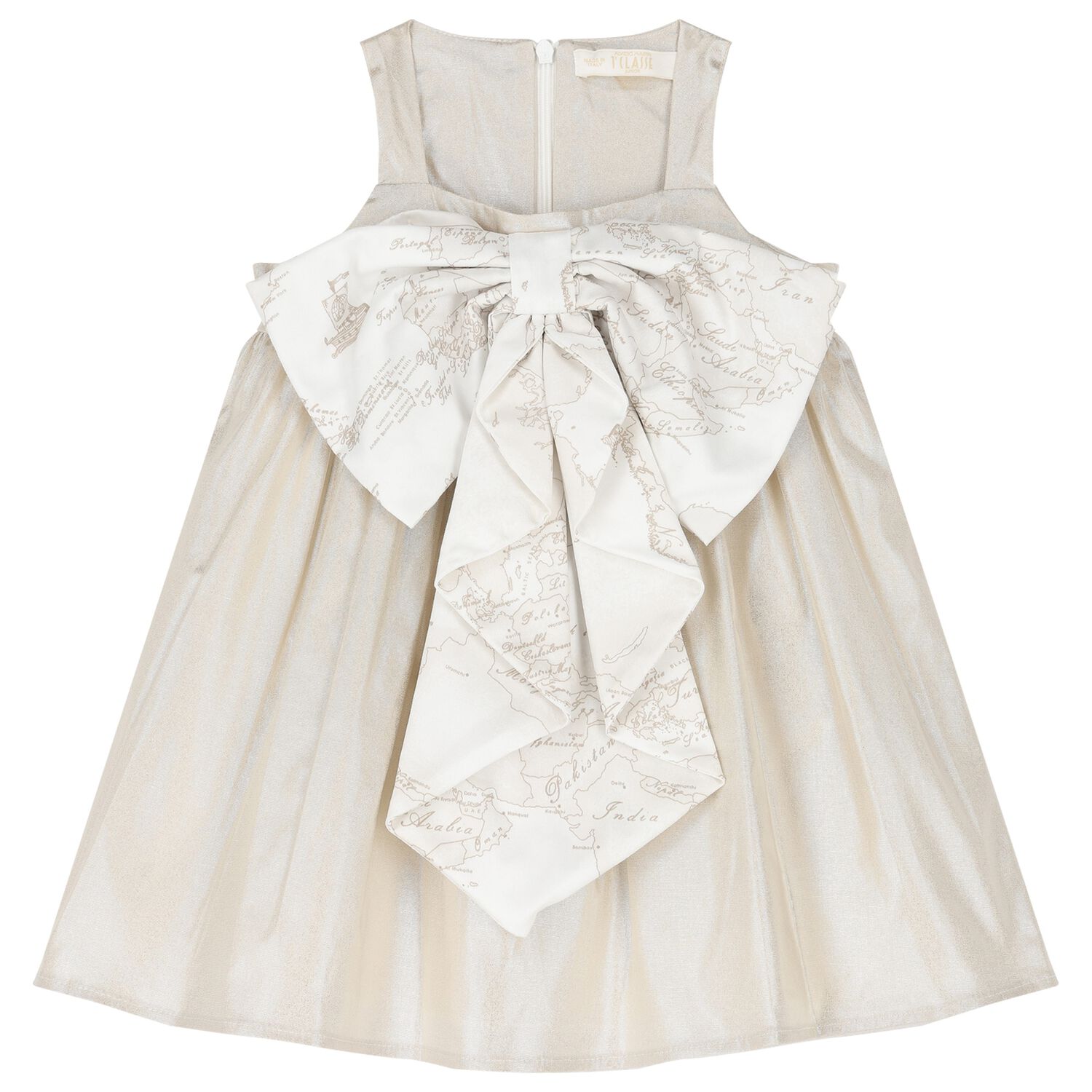 Girls Metallic Gold & White Geo Map Bow Dress, 1, hi-res