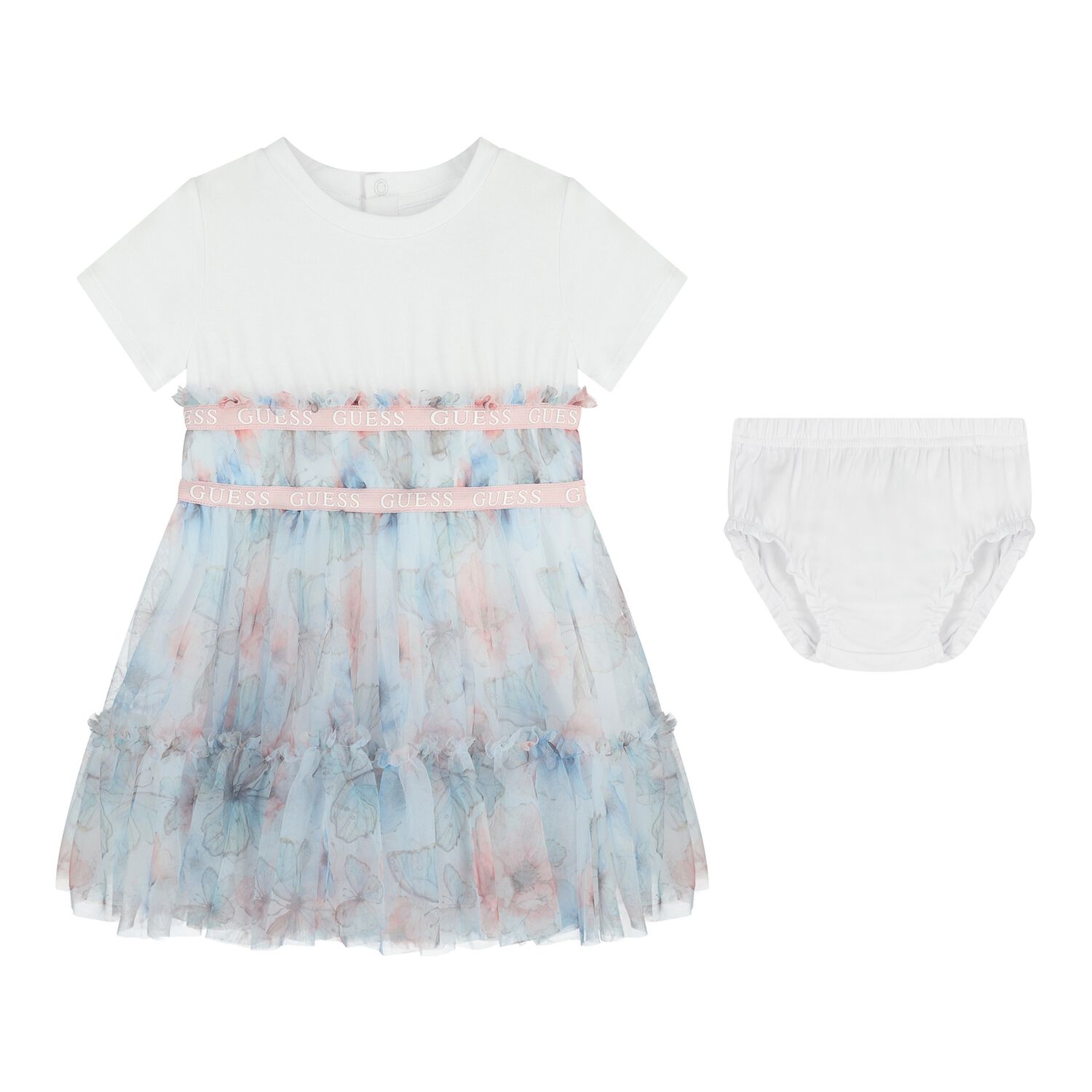 Baby Girls White & Blue Logo Tulle Dress Set, 1, hi-res