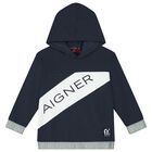 Boys Navy Blue & White Logo Hooded Top, 1, hi-res
