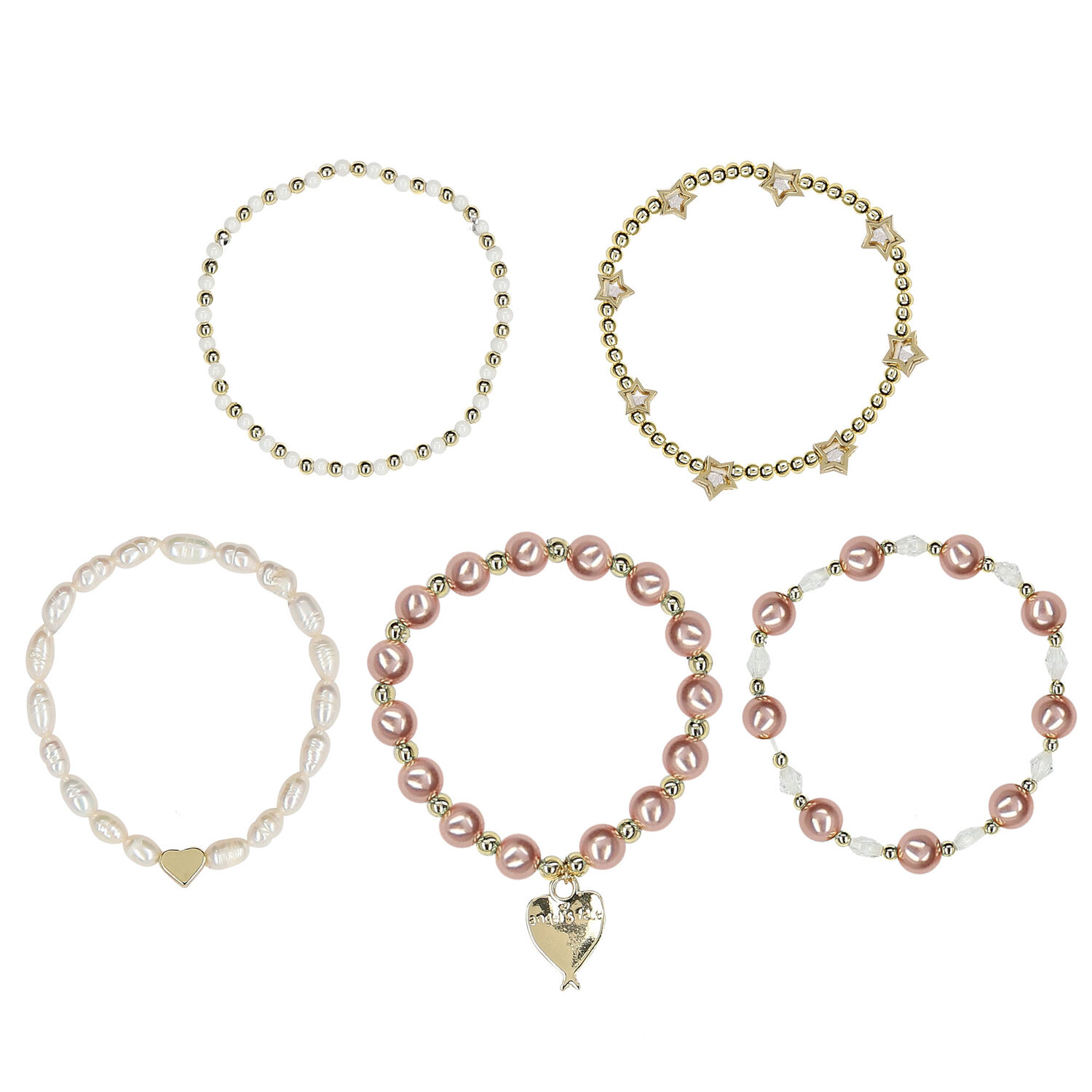 Girls Pink & Gold Beaded Bracelets (5 Pack), 1, hi-res
