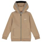 Boys Beige Logo Hooded Zip Up Top, 2, hi-res