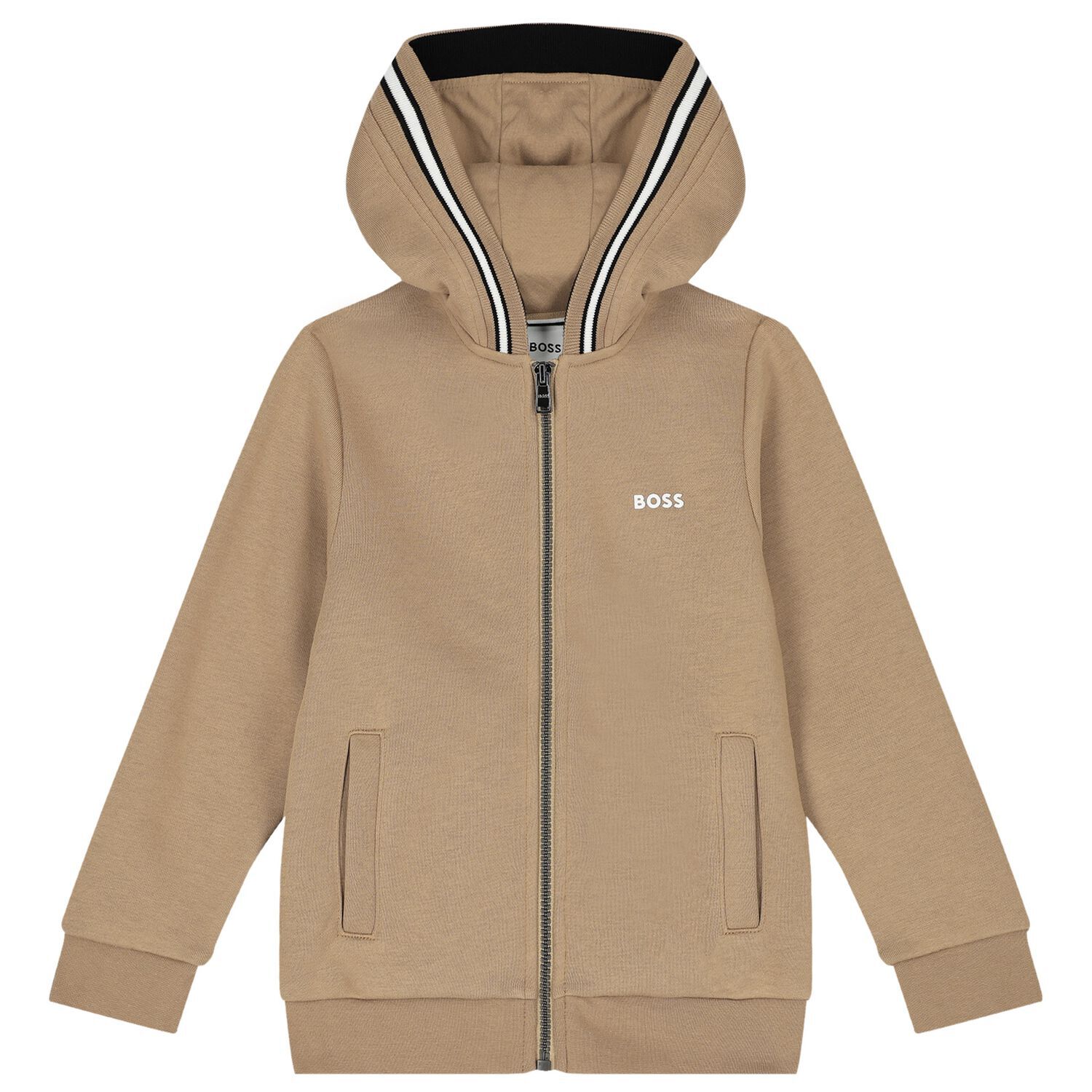 Boys Beige Logo Hooded Zip Up Top, 2, hi-res image number null