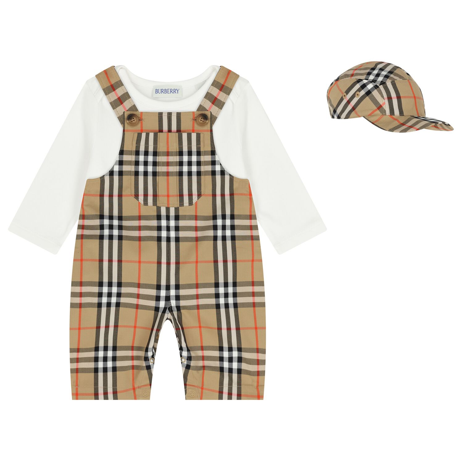 Baby Boys White & Beige Check Dungaree Set, 1, hi-res