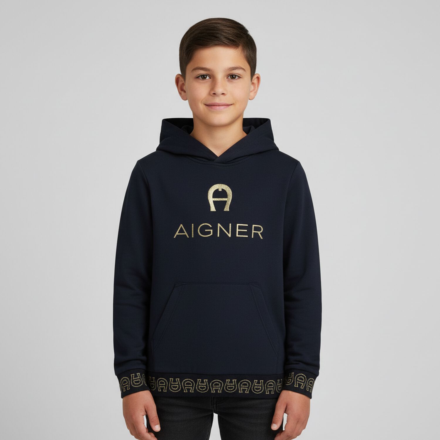 Boys Navy Logo Hooded Top, 1, hi-res