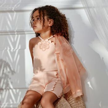 Girls Orange Flower Crepe Shorts Set