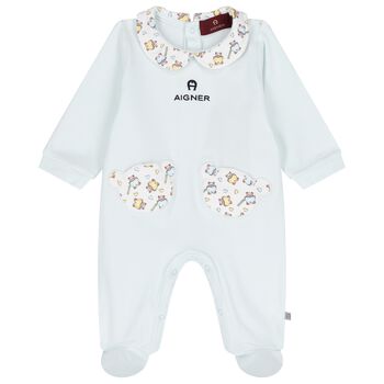 Baby Boys Blue & White Teddy Bear Logo Babygrow