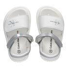 Girls White & Silver Logo Sandals, 1, hi-res