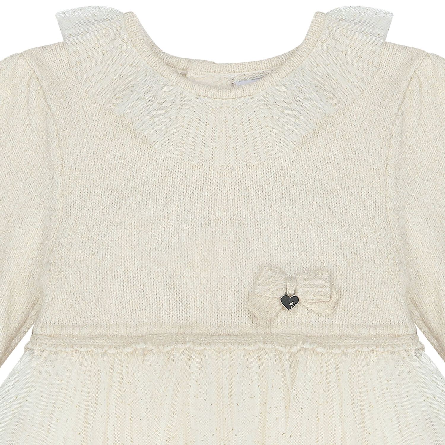Younger Girls Ivory Knitted & Tulle Dress , 1, hi-res