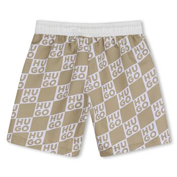 Boys Beige & White Check Logo Swim Shorts