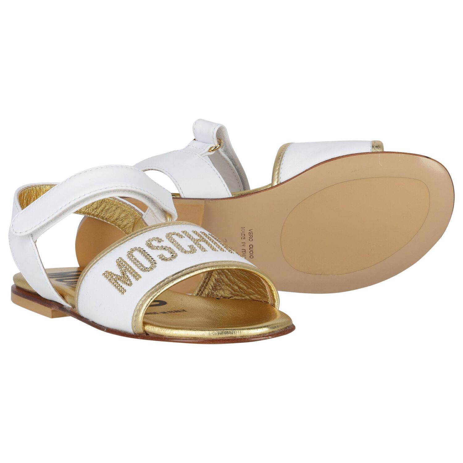 Girls White & Gold Leather Logo Sandals, 1, hi-res image number null