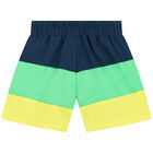 Boys Navy, Green & Yellow Logo Swim Shorts, 1, hi-res