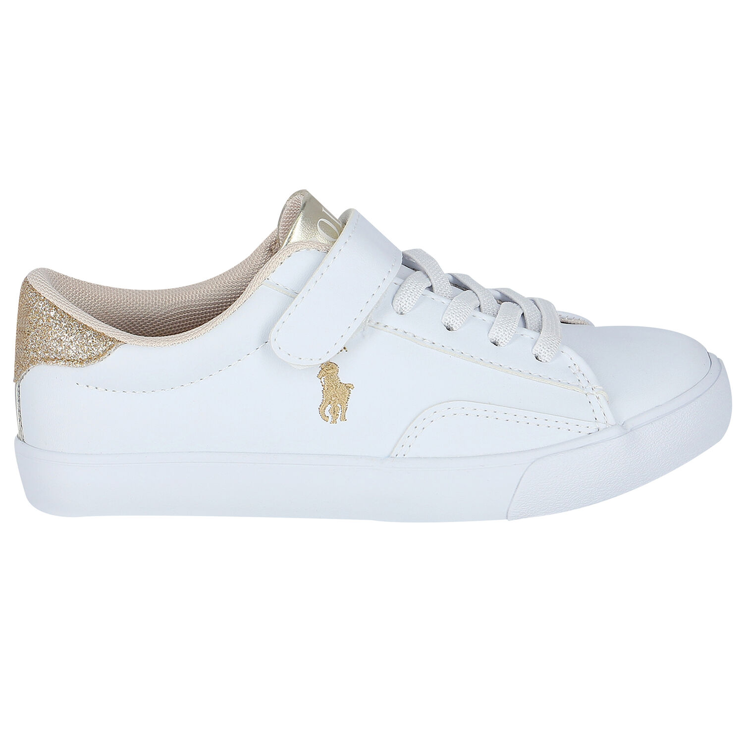 Girls White & Gold Logo Trainers, 1, hi-res