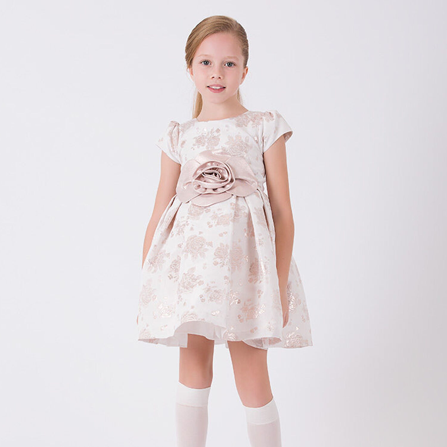 Girls Ivory & Gold Jacquard Dress, 1, hi-res