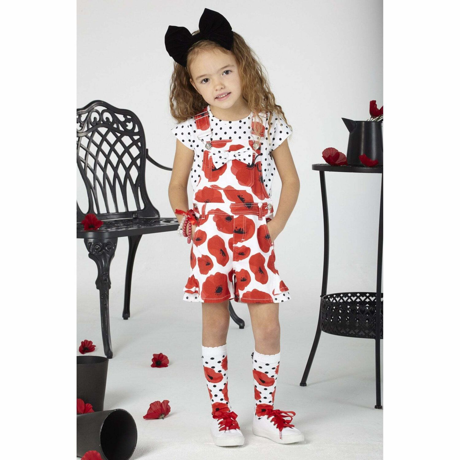 Girls Red & White Poppy Dungaree Set, 1, hi-res