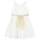 Girls White & Gold Flower Satin Dress, 1, hi-res