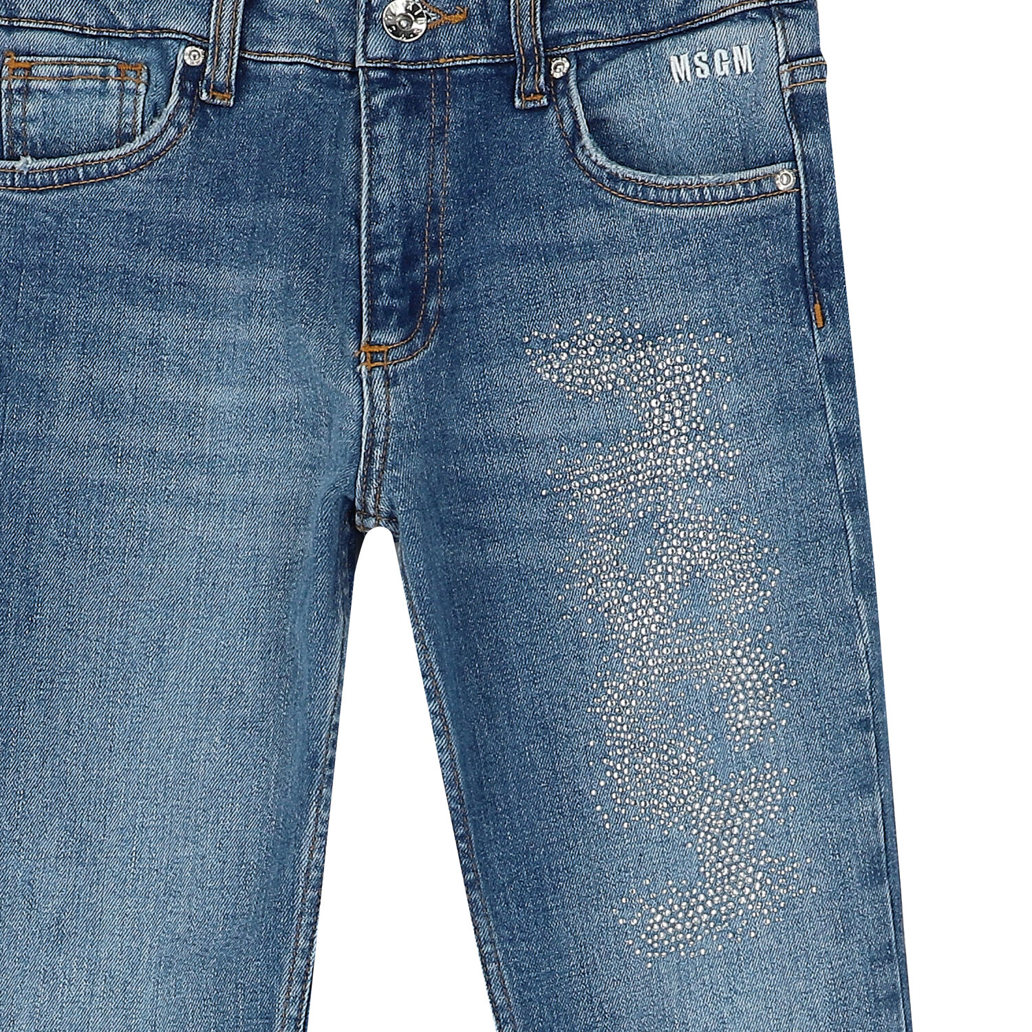 Girls Blue Embellished Logo Denim Jeans, 1, hi-res