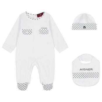 Baby Boys White & Navy Blue Logo Babygrow Gift Set