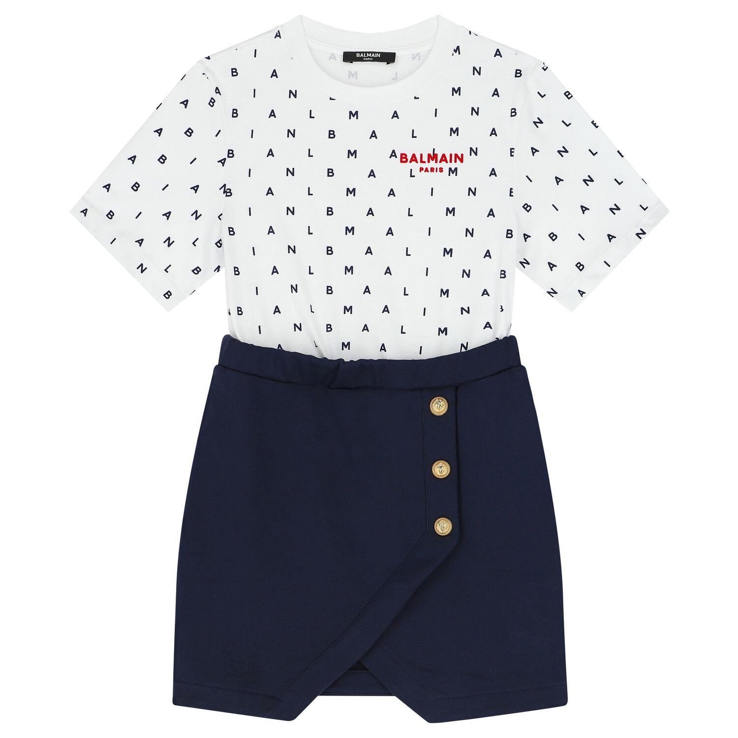 Girls White & Navy Blue Logo Dress, 1, hi-res