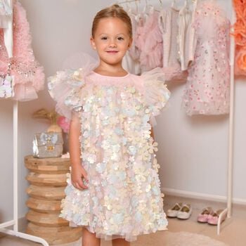 Girls Pink Tulle Flowers Dress