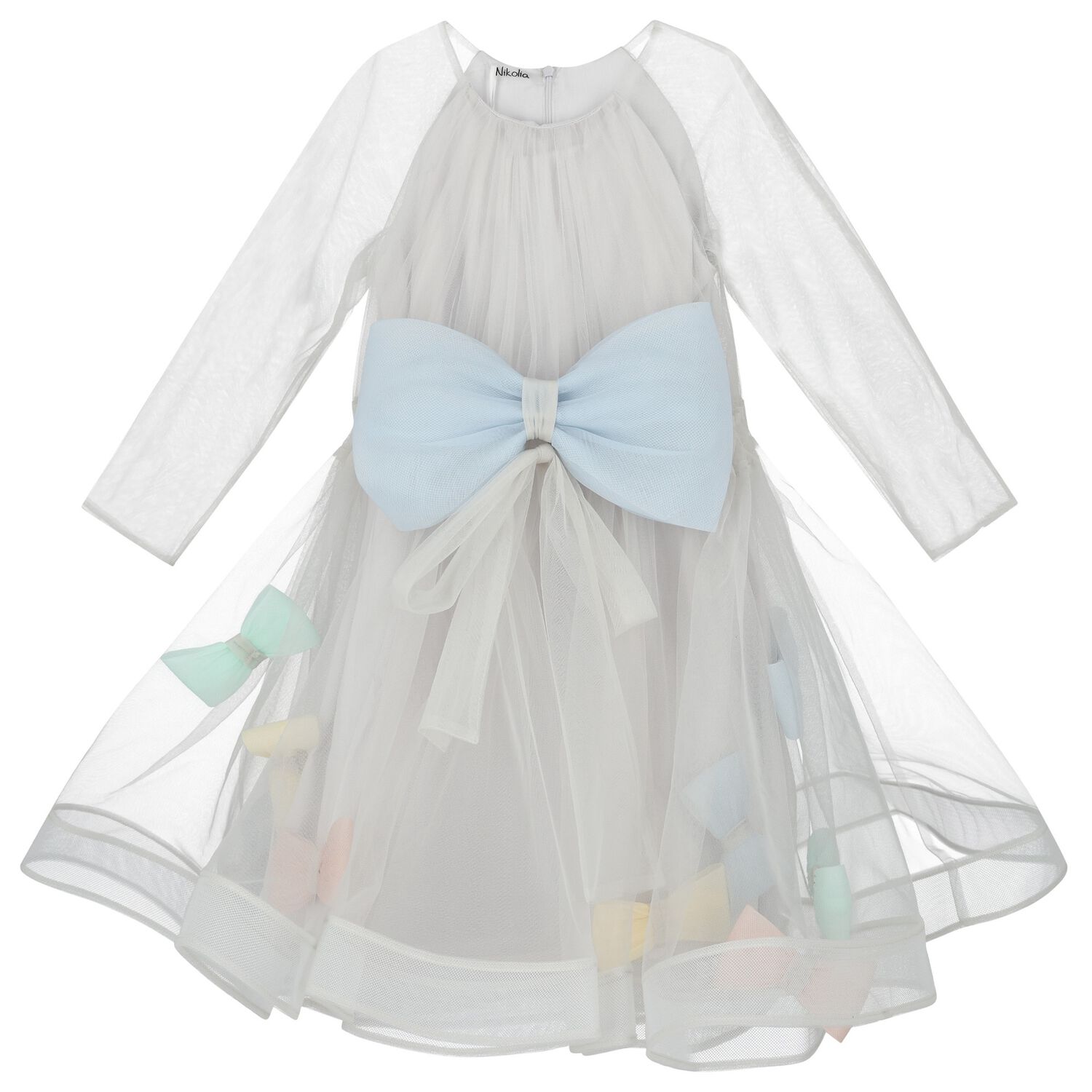 Girls Grey & Blue Bow Dress, 1, hi-res image number null